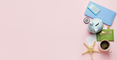 Piggy bank with money, passport, ticket, cup of coffee, compass and calculator on pink background with space for text