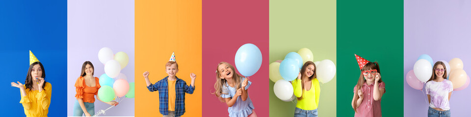 Obraz premium Set of people celebrating birthday on colorful background