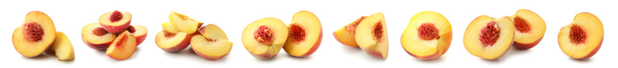 Set of ripe cut peaches isolated on white