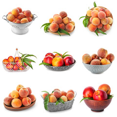 Set of ripe peaches isolated on white