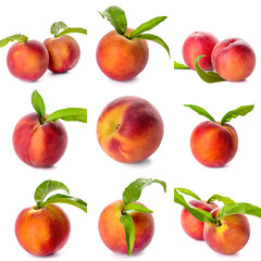 Set of ripe peaches isolated on white