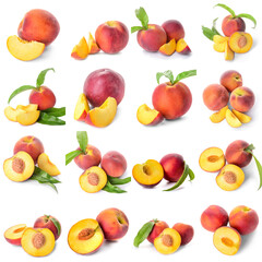 Set of ripe peaches isolated on white