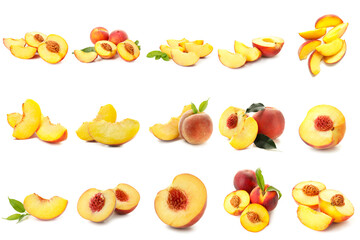 Fototapeta na wymiar Set of ripe peaches isolated on white