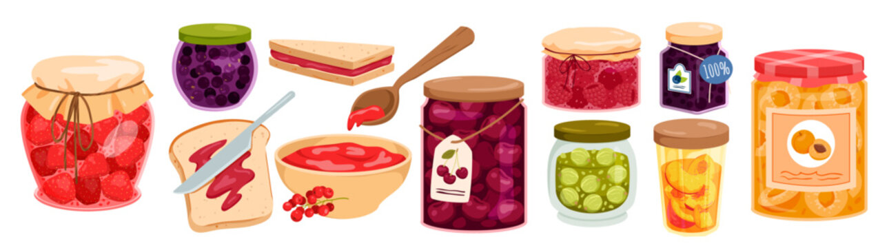 Wide set of different fruit jams. Homemade various pots with jams, organic natural product, cooking fruits with sugar, bread with jam, sweet breakfast meal vector illustration