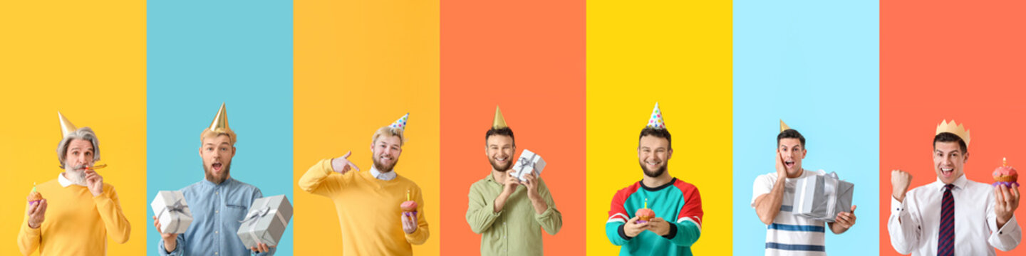 Set of men celebrating birthday on colorful background
