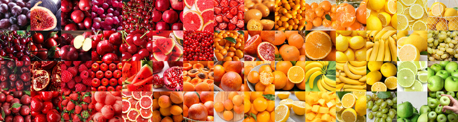 Collage with many different ripe fruits and berries