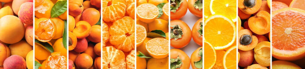 Collage with many ripe orange fruits