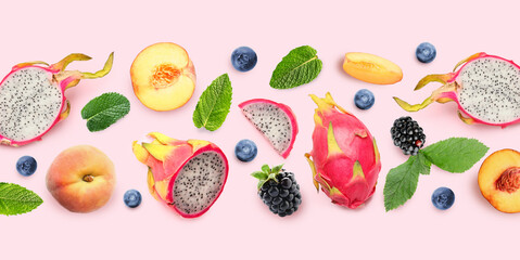 Collage of tasty fresh fruits and berries with mint leaves on light pink background