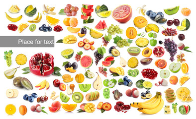 Many different ripe fruits on white background with space for text