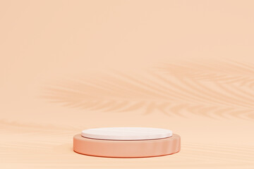 3D Background display podium, Cylinder beige color pedestal podium on background. Stage showcase podium 3d studio cream brown. Brown minimalist scene with leaf shadows. Nude pastel minimal backdrop.