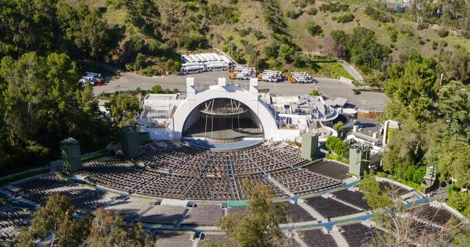 Aerial Panning Tilt Down To An Empty Hollywood Bowl Amphitheatre In The Hollywood Hills On A Bright Sunny Day - Los Angeles, California