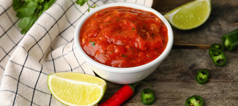 Bowl of tasty salsa sauce on wooden background