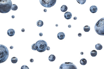 Many falling blueberries on white background