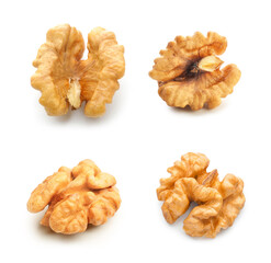 Set of tasty peeled walnuts isolated on white