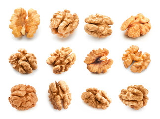Set of tasty peeled walnuts isolated on white