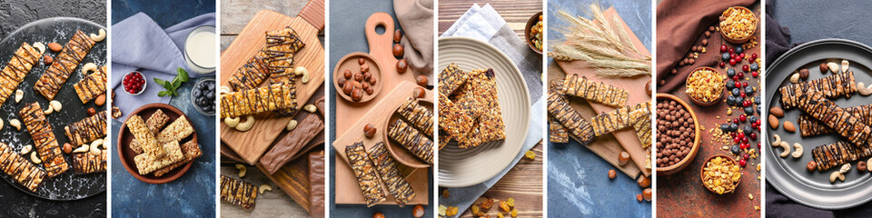 Collage of sweet cereal bars on table, top view