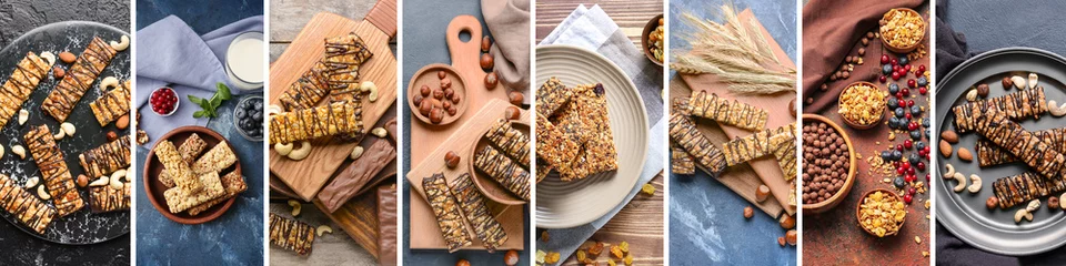 Rolgordijnen Collage of sweet cereal bars on table, top view © Pixel-Shot