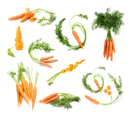 Set of fresh carrots isolated on white