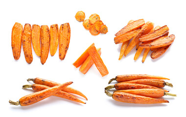 Set of tasty cooked carrot on white background