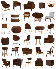 Set of many brown furniture isolated on white