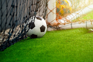 Close up of a football and goal lying on the grass with little sun ray coming through. It reminds us of a world class festival, once every four years like the World Cup.