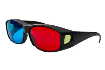 red and blue eyewear used to create the illusion of a three-dimensional image or movie concept for 3d entertainment, stereoscopic film and old-fashioned cinematography