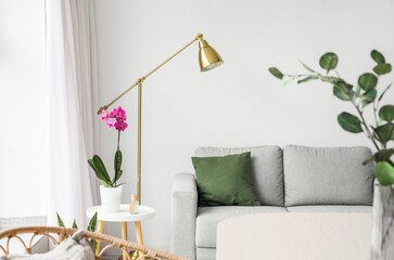 Beautiful orchid flower and reed diffuser on table in light living room