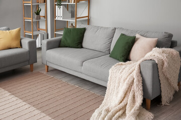 Interior of light living room with grey sofas, shelving units and houseplants