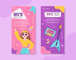 80s Party Vertical Banner Template Flat Cartoon Background Vector Illustration