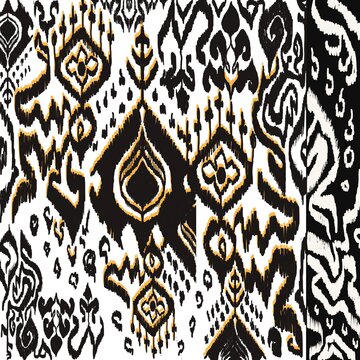ikate seamless pattern ,asian ,indian,fabric style,illustration design for fabric black white yellow gold dark