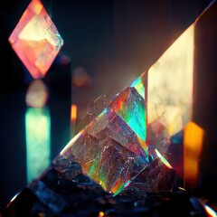 Glass crystals and prisms with color spectrum rays. Abstract optic effects background. Digital art.