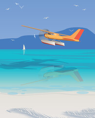 A small hydroplane flies over the beach. Vector.