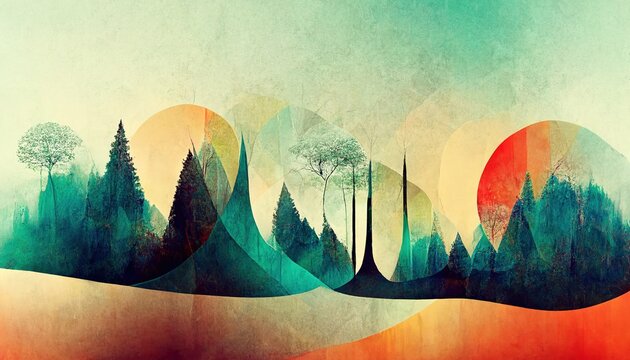 Colorful abstract mixed media grunge landscape background . Contemporary modern design. Digital art.
