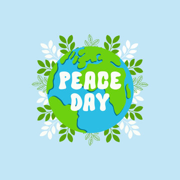 Vector illustration with symbol planet earth, text and branches on a blue background. Colorful concept in flat style. International Day of Peace 
