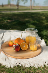 Picnic in nature, still life jug of juice and fruit on a sunny day