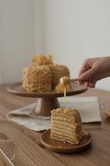 Honey cake on a wooden stand
