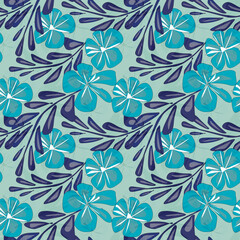 Fototapeta na wymiar Seamless retro floral pattern. Blue flowers on a light gray-green background.