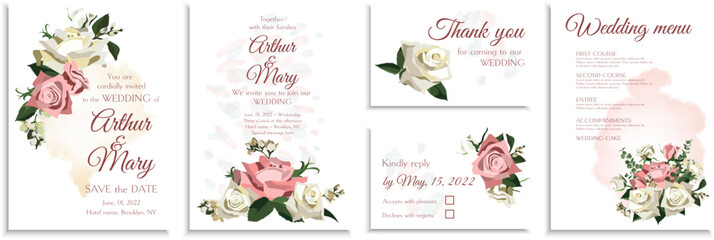Set of floral wedding invitations with pink roses, jasmine and greenery. Save the date, RSVP, thank you card design. 