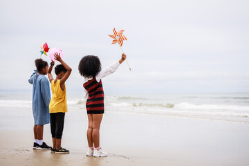 Side view of a Group of African American kids on the beach. Ethnically diverse concept