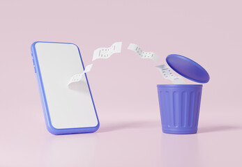 Minimal cartoon mobile phone application transfer file data to purple trash delete information, technology environment concept, waste, program on pink background. 3d render illustration