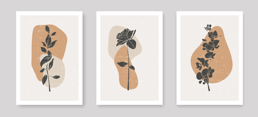 Botanical Wall Art Set with Hand Draw Flowers and Organic Shapes. Modern Foliage Art Drawing. Abstract Creative Wall Art Design for Print, Poster, Cover. Minimalist Boho Poster Set. Vector EPS 10