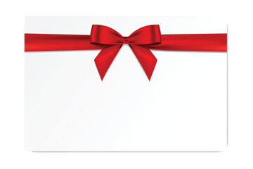 Blank Gift card with red bow and ribbon realistic shiny satin vector template design for your business isolated on white background