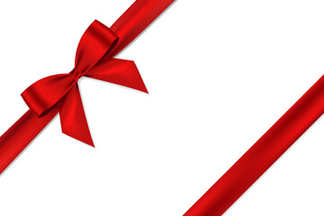Red bow realistic shiny satin and ribbon place on corner of paper with shadow vector EPS10 isolated on white background	
