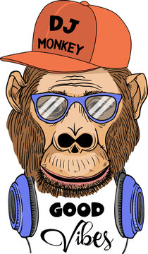 Hand drawn monkey illustration, with glasses and headphone, a hat and hand drawn slogans. Vector graphics for tshirt and other uses.