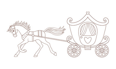 Coloring page. A beautiful unicorn is driving a carriage for the princess.