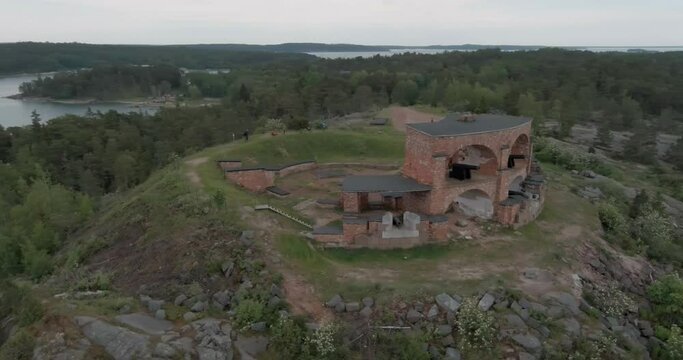 Aerial view of ruins of  Notvik Tower at fortress of Bomarsund with cannons in the summer at Sund, Ahvenanmaa, Finland.