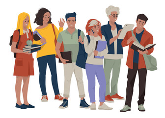 Obraz premium Students, schoolchildren, teenagers. The guy is reading a book, the girl is talking on the phone. Back to school. Vector image.