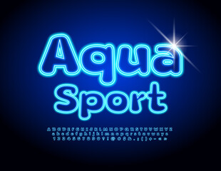 Vector illuminated sign Aqua Sport. Blue electric Font. Neon Alphabet Letters, Numbers and Numbers set