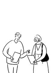 タブレット、メニューを見る若いカップル、縦、線画