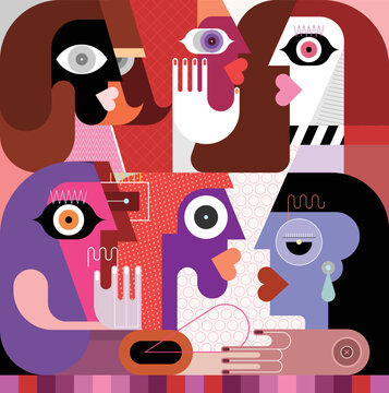 A large group of people who met by chance and are now talking to each other. Modern art vector illustration, digital painting.